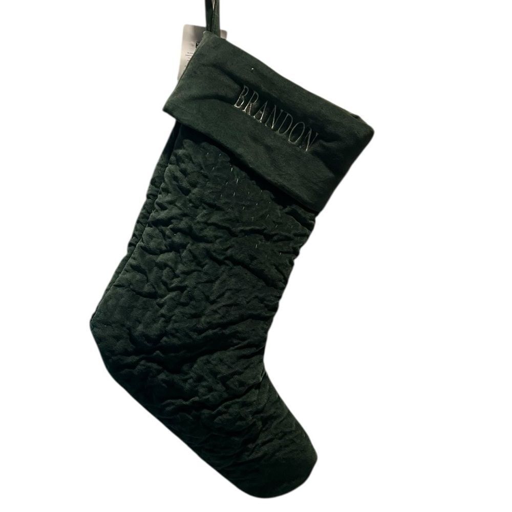 Pottery Barn Green Quilted Christmas Stocking Personalized Brandon NWT